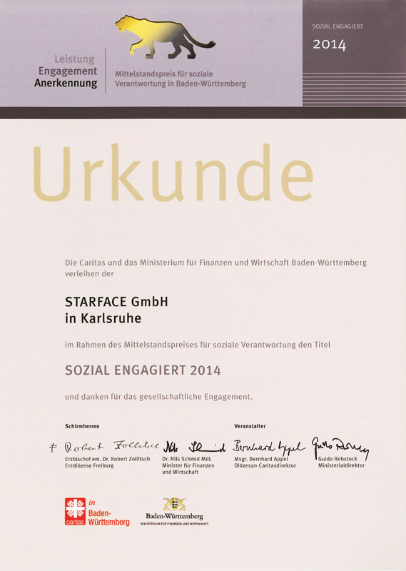 STARFACE Auszeichnung soziales Engagement Mittelstandspreis 2014